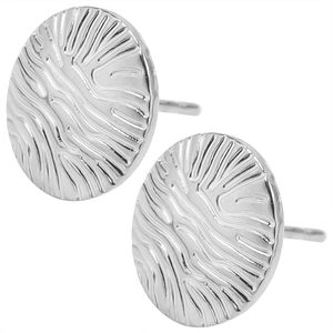 Detailed view of round stainless steel stud earrings with irregular wave texture finish