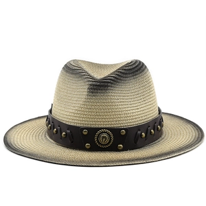 British style straw sun hat with leather band and metal rivets for outdoor casual wear