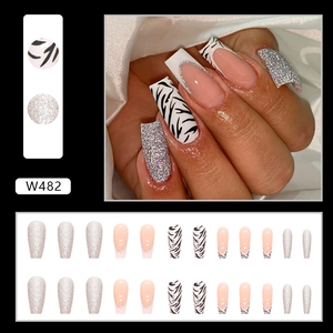 Silver glitter and zebra print press-on nails set in medium long square style