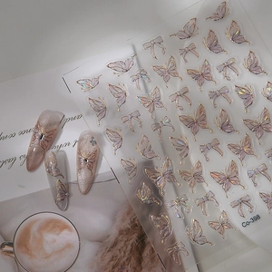 3D butterfly and bow nail art stickers Co-398 with gold edges and iridescent glitter