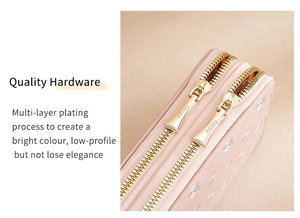 Detail view of pink PU leather wallet featuring dual gold zippers and quality hardware