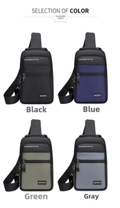 Waterproof nylon sling bags shown in black, blue, green, and gray colors for men