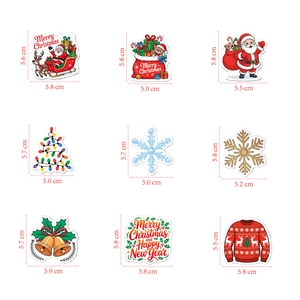 Detailed size chart for nine holographic laser Christmas stickers with holiday motifs