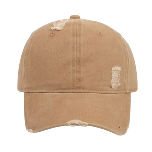 Khaki distressed cotton baseball cap featuring vintage ripped details and breathable holes