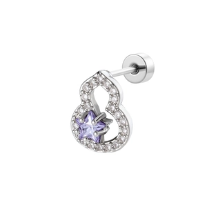 Gourd shaped titanium steel stud earring with purple star zircon and silver plating