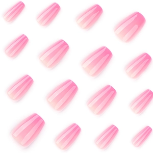 Glossy gradient rose pink press-on nails in medium ballet shape with smooth color transition