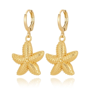 Elegant gold starfish drop earrings with textured surface and mirror reflection