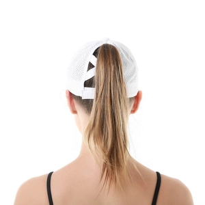Close-up of white mesh ponytail baseball cap with criss-cross elastic back detail