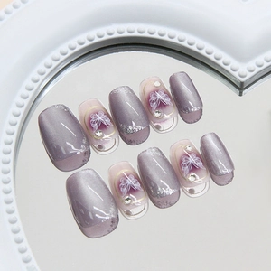 Unghie Finte a Pressione Fatte a Mano Viola Occhio di Gatto Farfalla Strass Set di Unghie Finte Ballerina Luccicanti per Donna