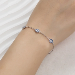 925 sterling silver evil eye bracelet with blue zircon inlay on a delicate chain
