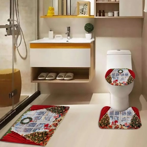 Three-piece Christmas bathroom mat set with festive tree and snowflake window print