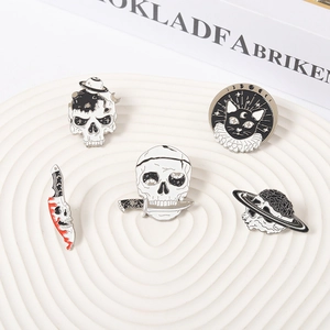 Punk Gothic set of 5 black and white metal enamel pins with skull, cat and dagger designs