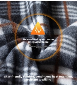 Macro detail of men's thermal vest showing gray plaid fabric and soft white fleece lining