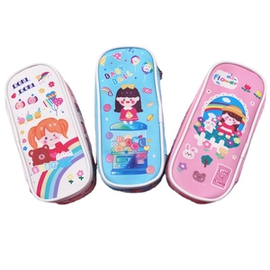 Three cute waterproof PU leather pencil cases in white, blue, and pink for students