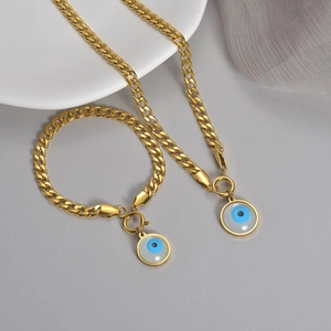 Golden 304 stainless steel evil eye jewelry set with punk style chain and pendant