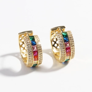 Gold-plated geometric hoop earrings with rainbow square zircons and white pave stones