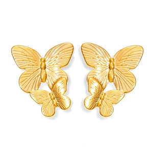 Elegant gold double butterfly titanium steel studs with textured layered wings design
