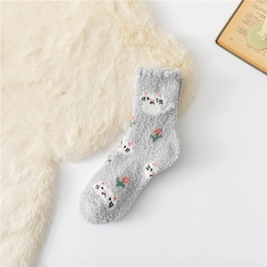 Plush grey coral fleece mid-calf socks with cute cat patterns for warm winter home wear