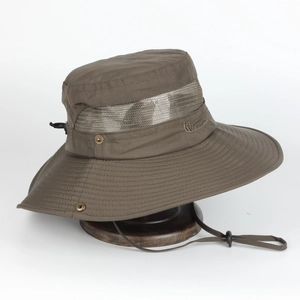 Close-up of brown outdoor sun hat with breathable metal mesh and embroidery