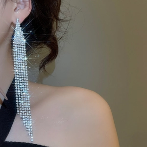 Detail of silver tassel drop earrings featuring sparkling rhinestones and elegant long fringe
