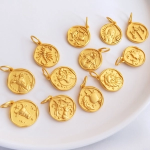 Ancient gold style 12 zodiac signs coin pendants, detailed charms for DIY necklace jewelry making.