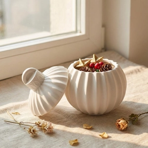 Matte white fluted ceramic decorative jar with lid for holiday home decor display
