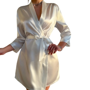 Elegant white silk satin robe for women with long sleeves and V-neck design for home wear
