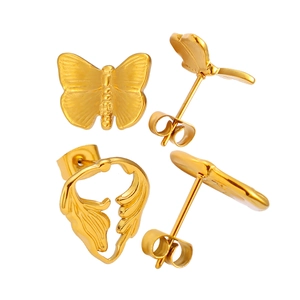 Elegant gold butterfly wing stud earrings with intricate textured details on white background