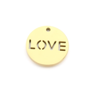 Golden stainless steel round pendant with LOVE hollow design and small hanging hole