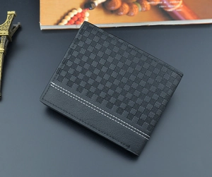 Detail of men's short wallet showing plaid weave texture and double white stitching