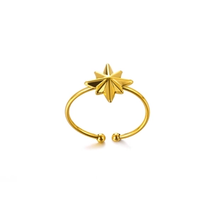 Detail of gold starburst signet ring with adjustable open band and polished metal finish