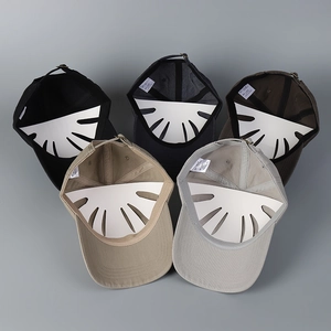 Detail view of cotton baseball caps in 5 colors showing inner lining and metal buckle