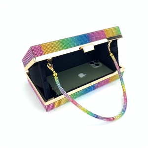 Rainbow rhinestone clutch bag with gold frame and colorful crystal chain strap