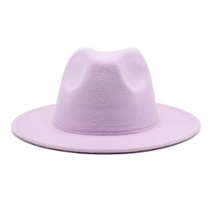 Detailed view of lavender purple felt jazz fedora with wide brim and structured crown