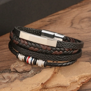 Men's multilayer braided leather bracelet with black and brown metal magnetic clasp