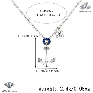 Detail of 925 sterling silver anchor and rudder necklace with blue zircon size specs