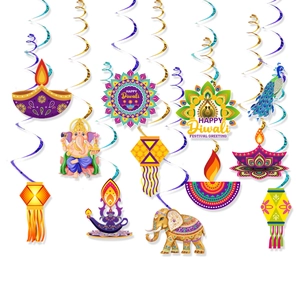 Colorful Diwali hanging swirl decorations with Ganesha and peacock cutout ornaments