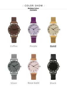 Grid view of women's quartz watches with mesh magnetic straps in six diverse colors