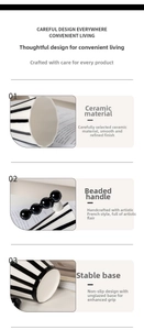 Detail view of ceramic mug showing bead-shaped handle and striped finish texture