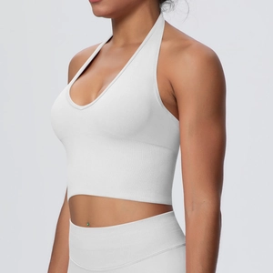 Detail view of white high-impact halter neck sports bra with ribbed wide underband support