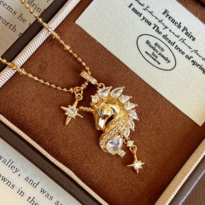 18k gold plated unicorn pendant necklace with white zircons and bead chain