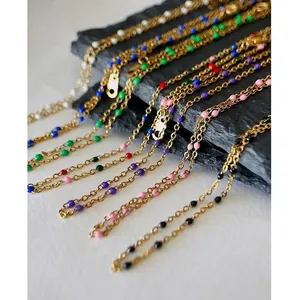 Enamel Bead Necklace Titanium Steel 18k Gold Plated Minimalist Ins Style Colorful Dainty Jewelry For Women