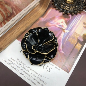 Classic vintage style black enamel double-layer flower brooch with gold-plated edges