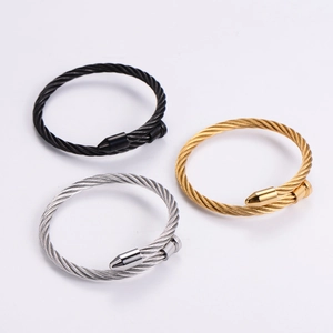Twisted Cable Wire Rope Open Cuff Bangle Bracelet 316L Stainless Steel Industrial Urban Streetwear Punk For Women Men