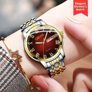 Detail of ORUSS women watch with burgundy sunray dial and gold bracelet set