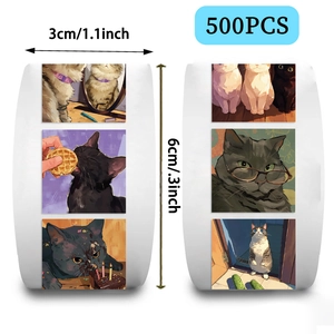 Detailed view of 500pcs cat illustration sticker rolls with 3cm diameter for scrapbooking