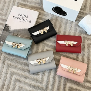 Women Short Wallet PU Leather Foldable Coin Purse With Metal Bowknot Sweet Fashion Compact Card Holder For Ladies