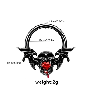 Gothic black bat wing nose ring with red heart gem and skull detail measurement view