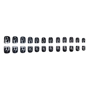 Set di 24 unghie finte corte nere con decorazione a fiamme glitterate argento stile punk