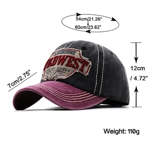Vintage Midwest cowboy baseball cap with embroidered patchwork and washed fabric details